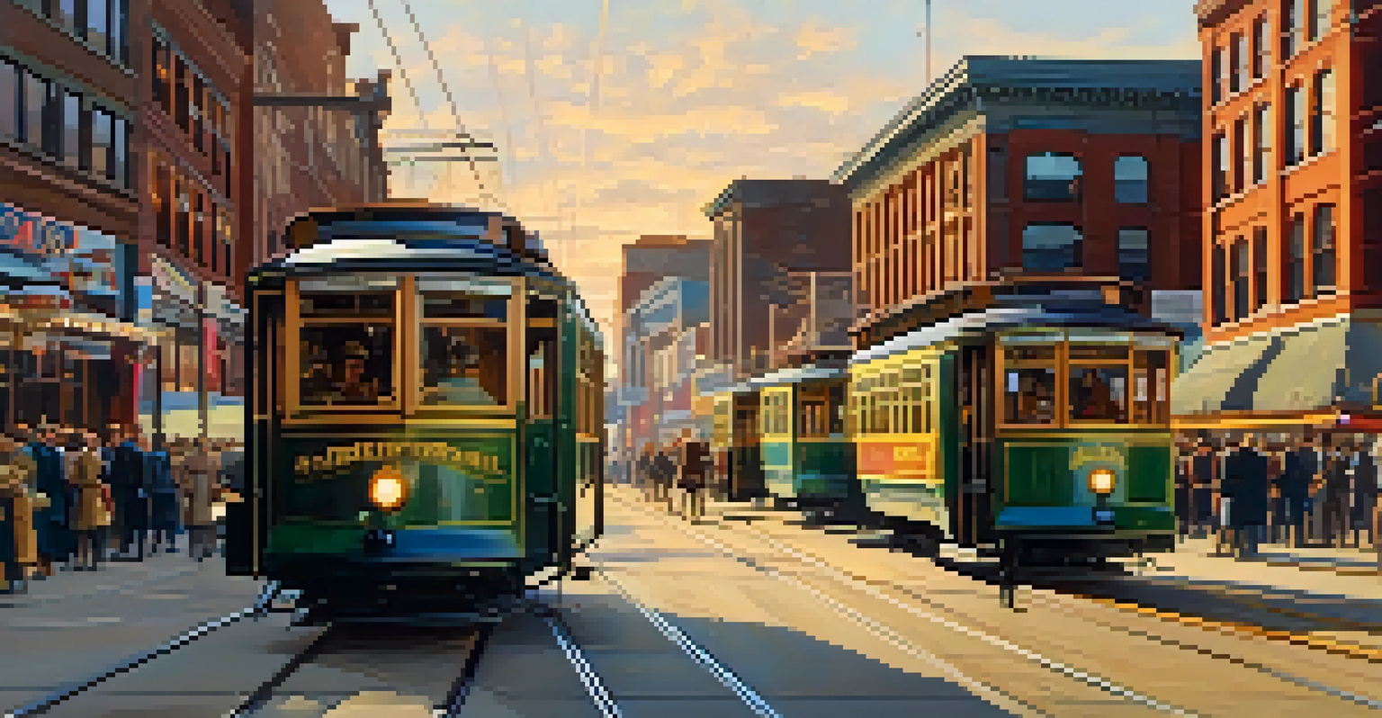 A vibrant urban scene in late 19th century Newark featuring electric streetcars and bustling shops.