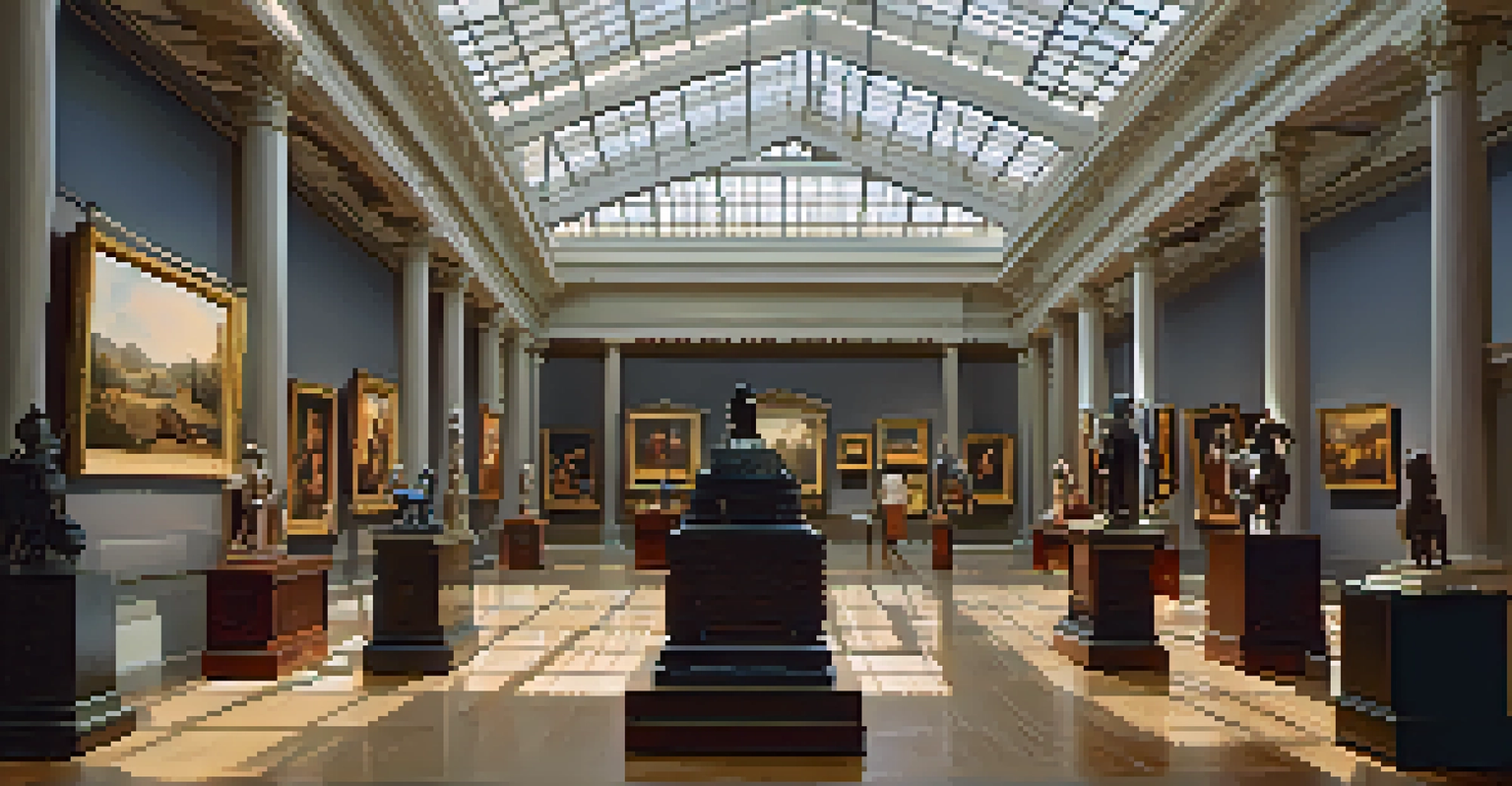 Inside the Newark Museum, showcasing a diverse collection of art with visitors engaging with the exhibits, illuminated by natural light from large windows.