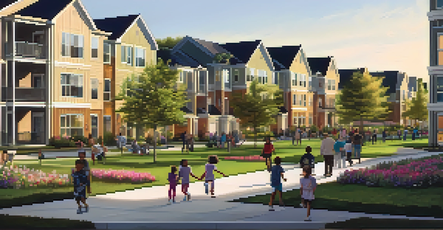 A mixed-income housing development in Newark with families enjoying green spaces and children playing during golden hour.