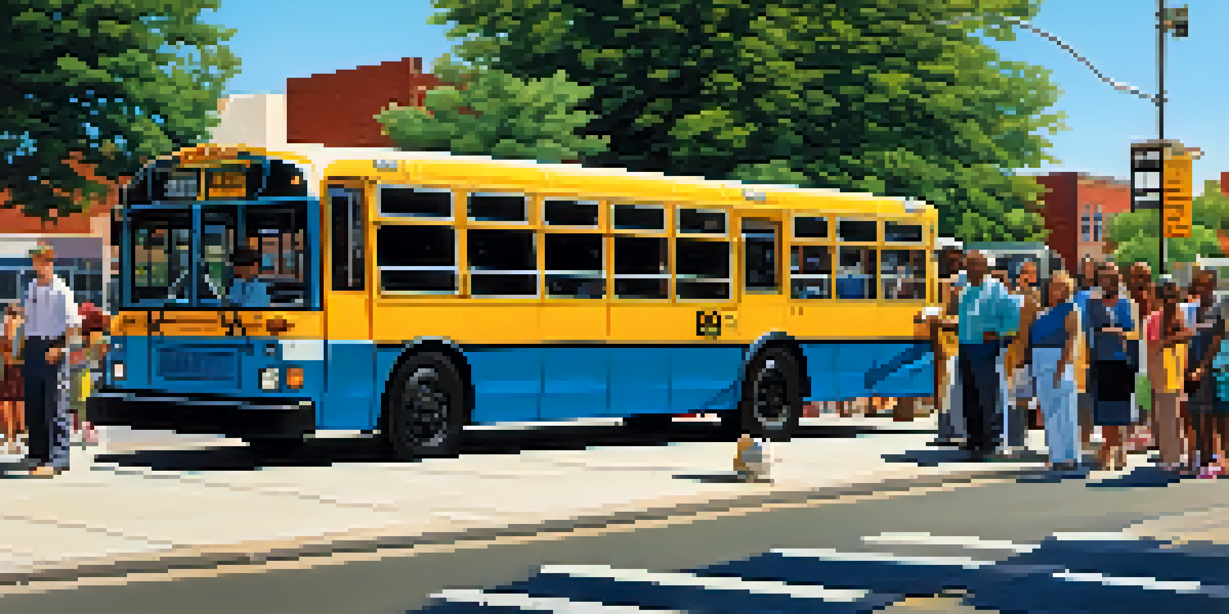 A low-floor bus at a bus stop with a ramp, showcasing diverse residents including individuals with disabilities, under a sunny sky.