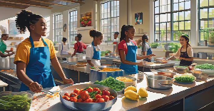 A group of diverse young people in Newark happily participating in a cooking class, surrounded by colorful ingredients and bright natural light.