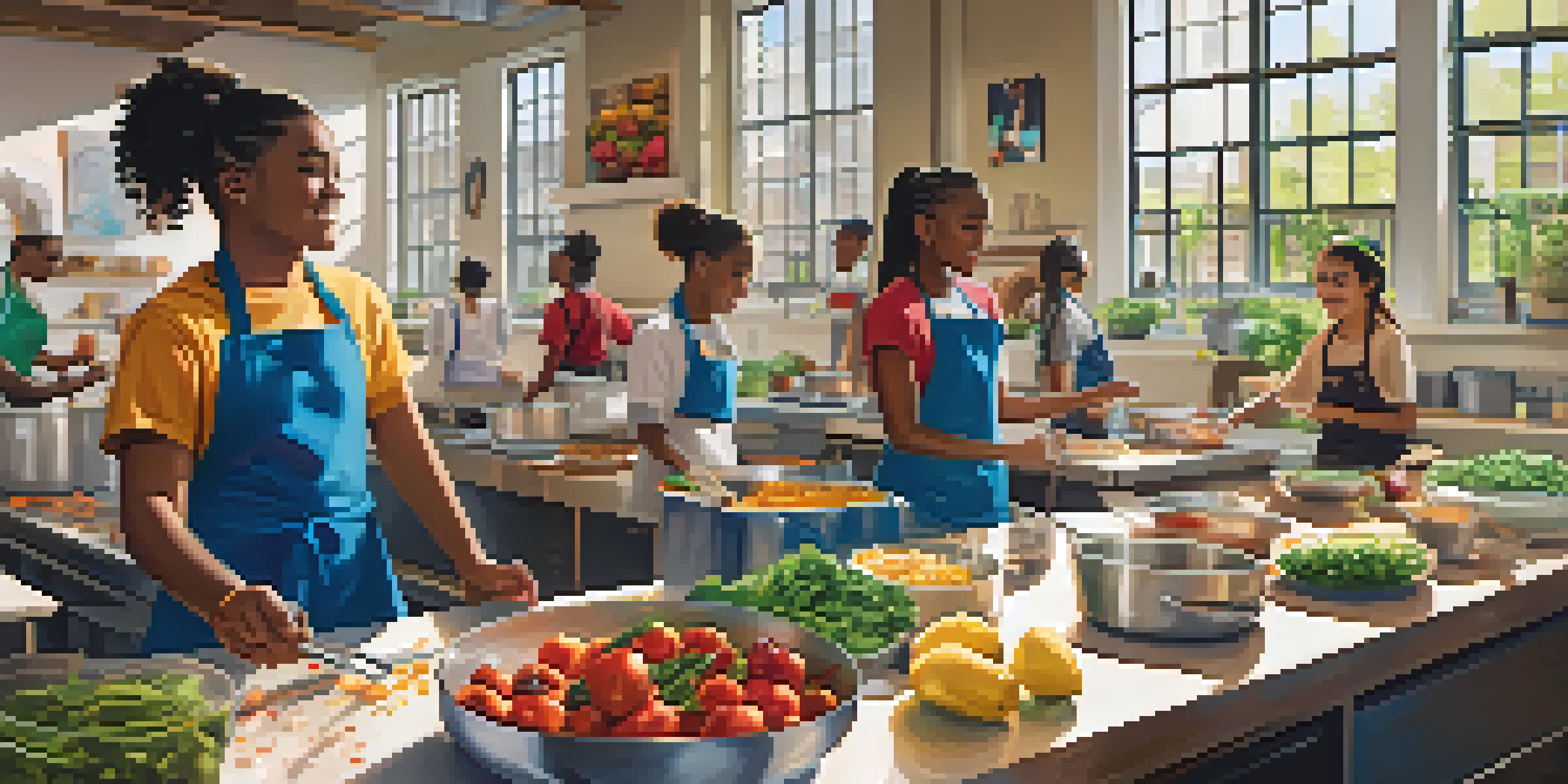 A group of diverse young people in Newark happily participating in a cooking class, surrounded by colorful ingredients and bright natural light.