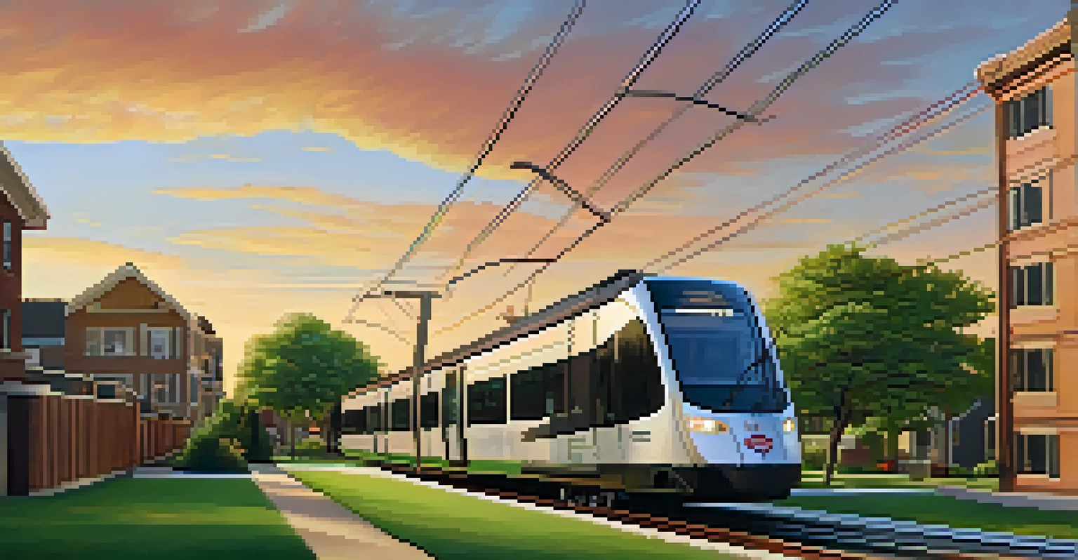 A Newark light rail train passing through a neighborhood, with green spaces and a sunset in the background.