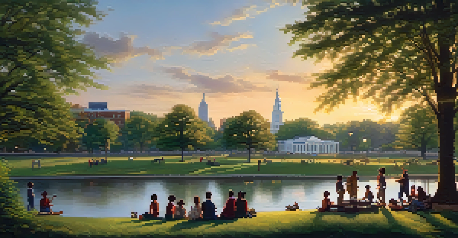 A peaceful park in Newark during the Revolutionary War, featuring diverse groups of patriots and refugees sharing stories and strategizing together, surrounded by greenery and monuments.