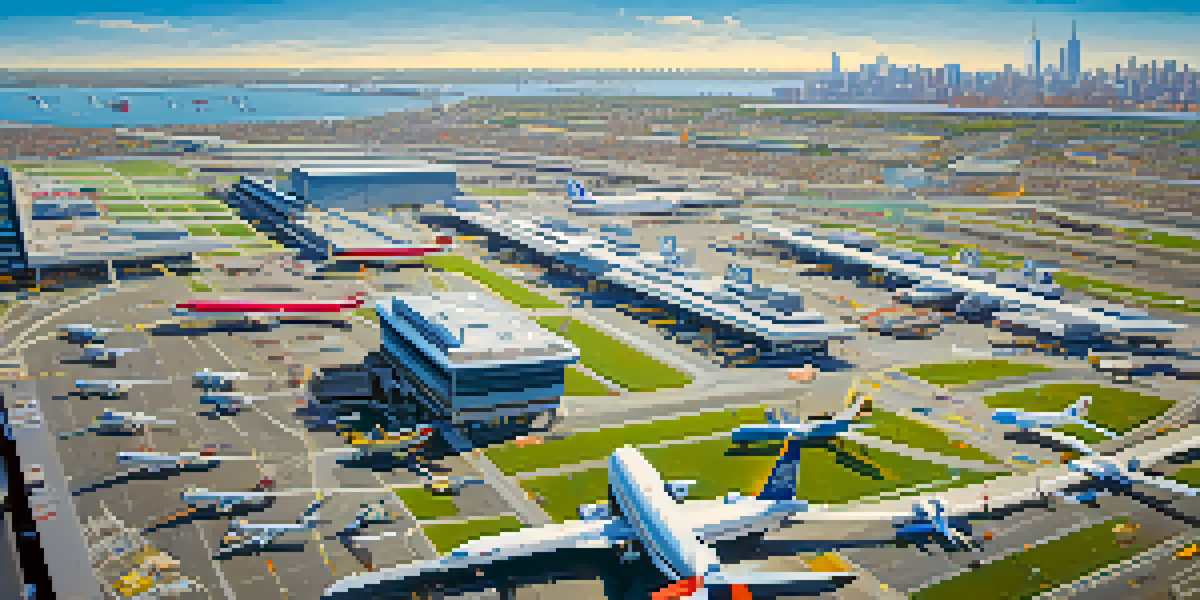Aerial view of Newark Liberty Airport with colorful airplanes and city skyline in the background.