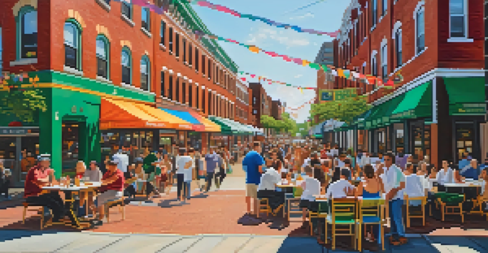 A lively street scene in Newark's Ironbound District with colorful murals, outdoor dining, and festive decorations, illuminated by warm afternoon sunlight.
