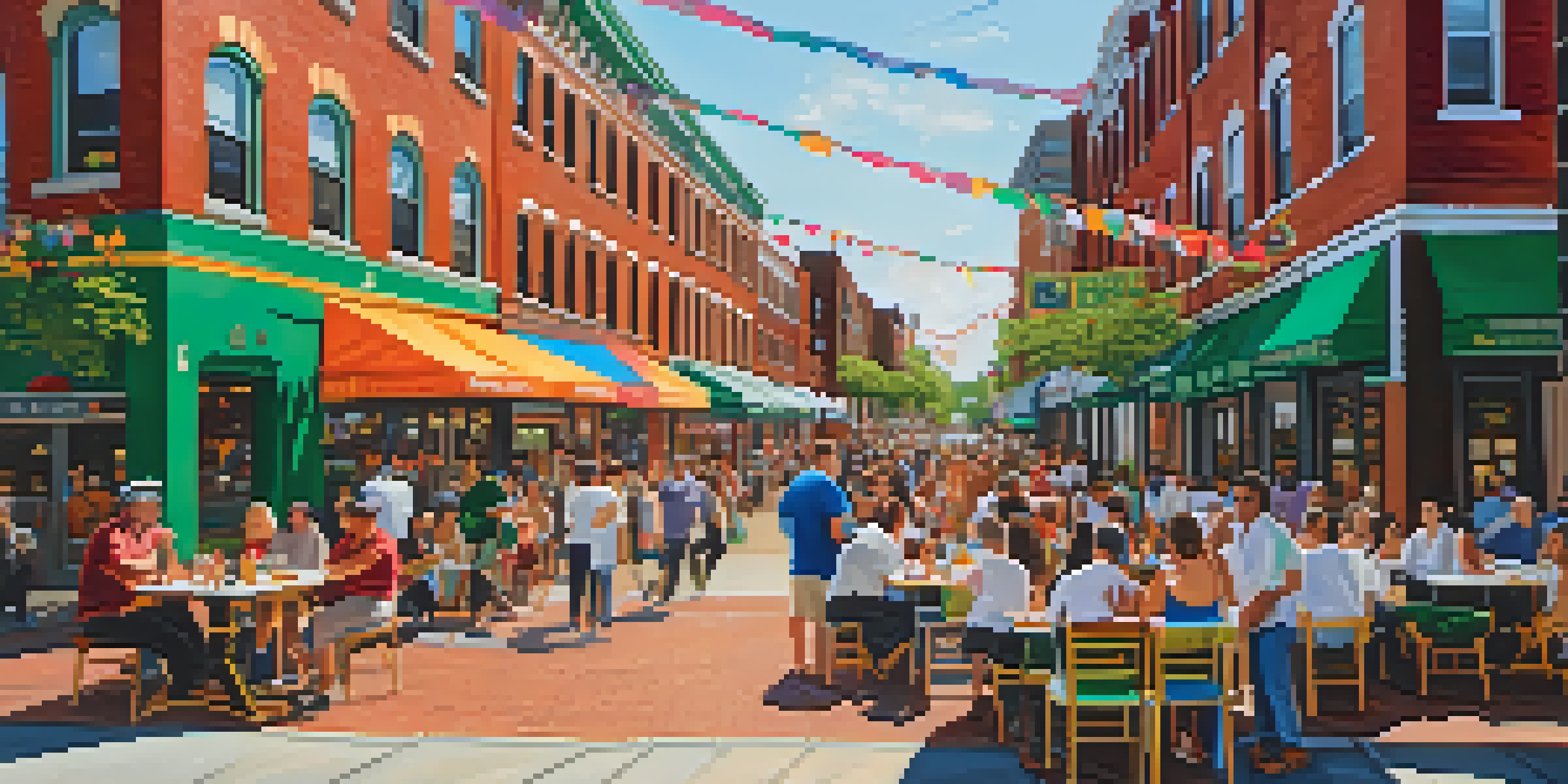 A lively street scene in Newark's Ironbound District with colorful murals, outdoor dining, and festive decorations, illuminated by warm afternoon sunlight.