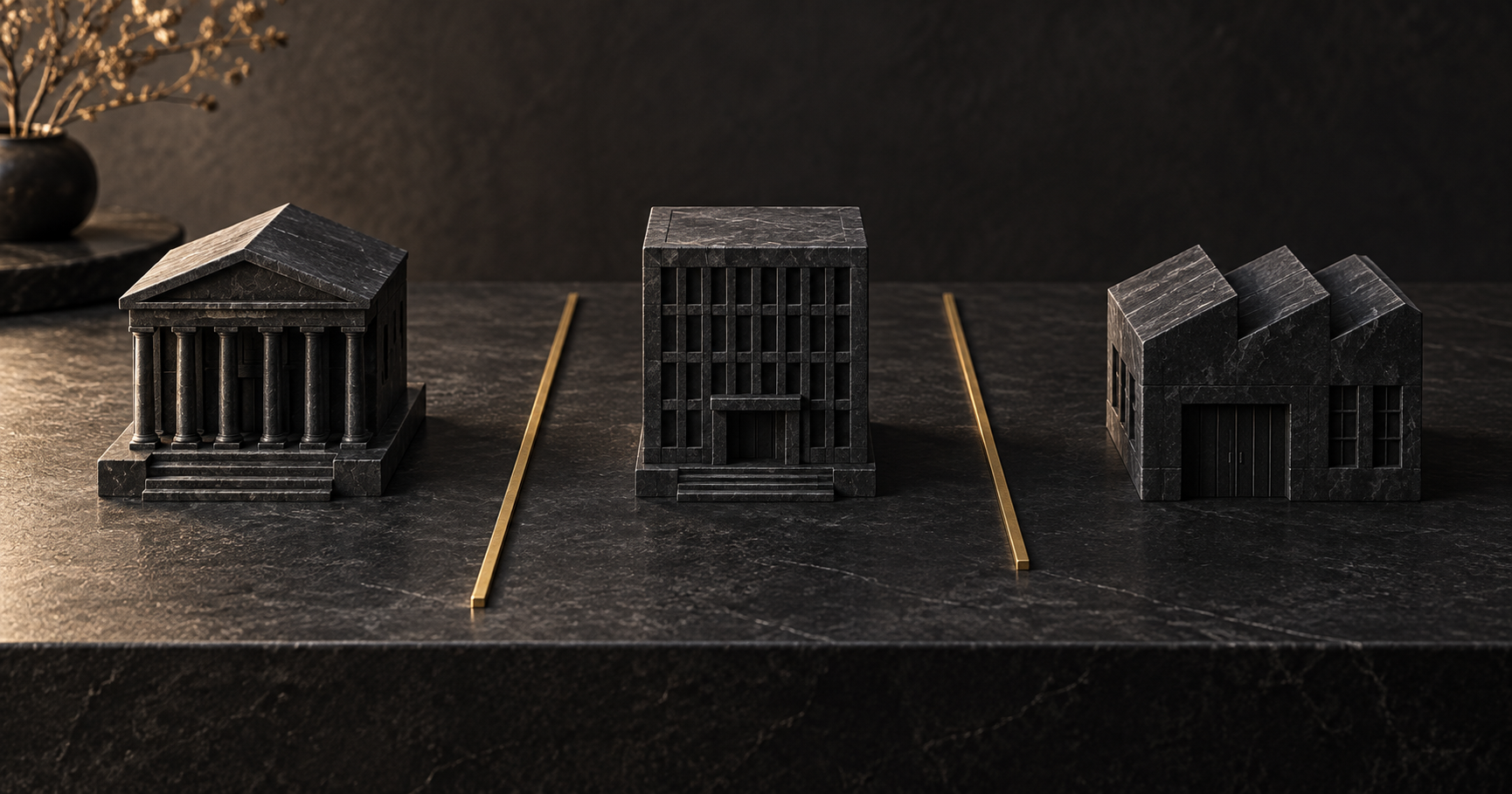 Three miniature stone buildings separated by brass boundary lines.