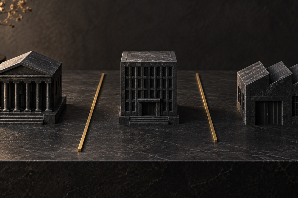 Three miniature stone buildings separated by brass boundary lines.