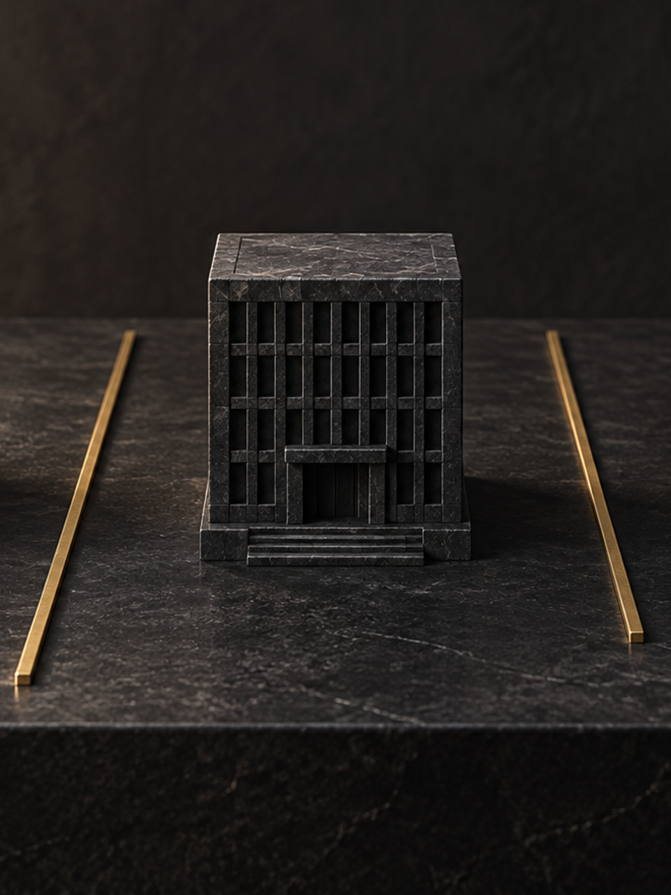 Three miniature stone buildings separated by brass boundary lines.