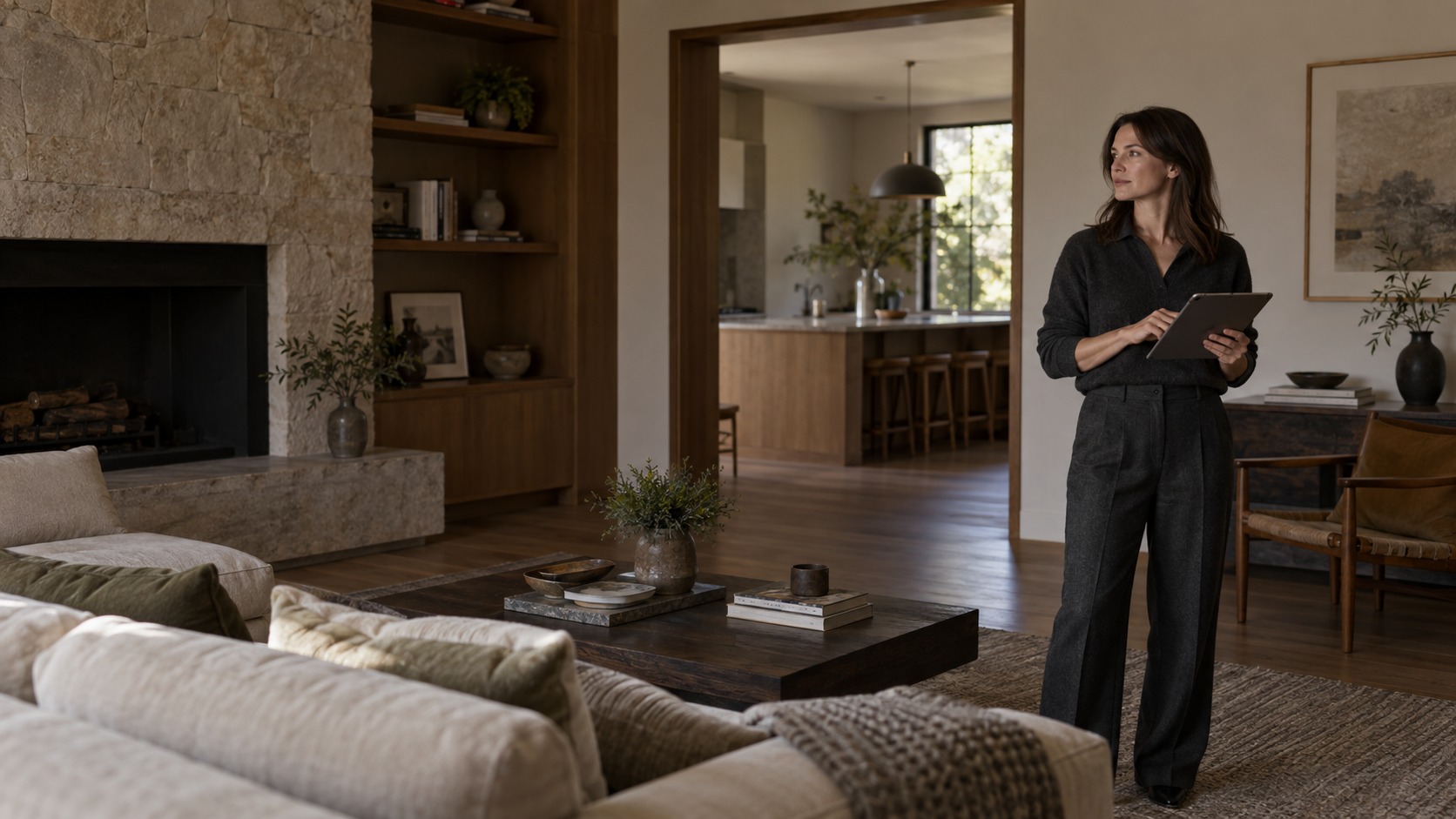 A professional reviewing a residential living space with a tablet.