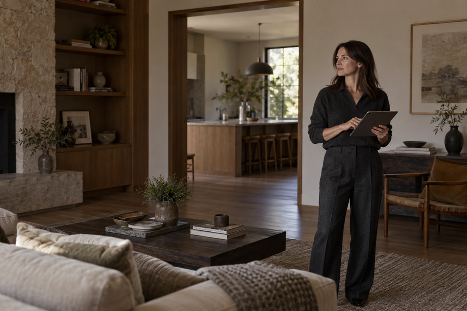 A professional reviewing a residential living space with a tablet.