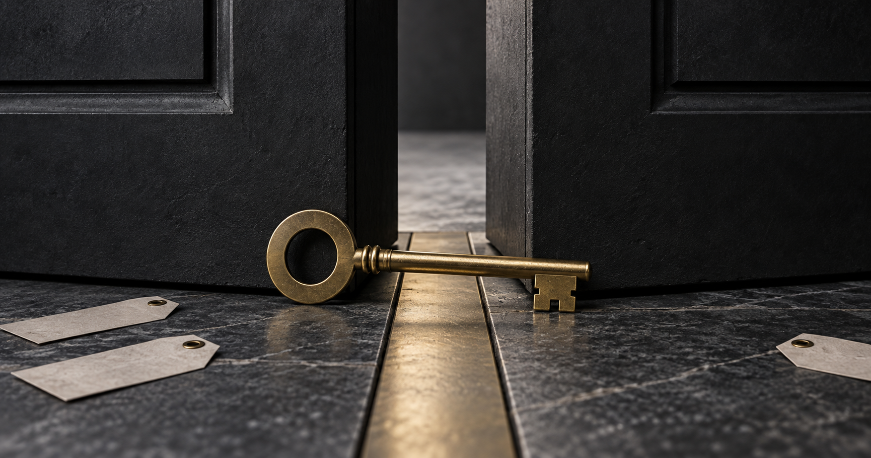 A brass key across the threshold of two charcoal doors.