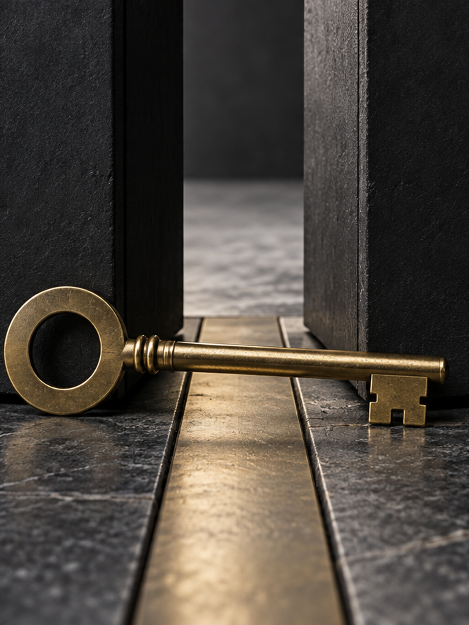 A brass key across the threshold of two charcoal doors.