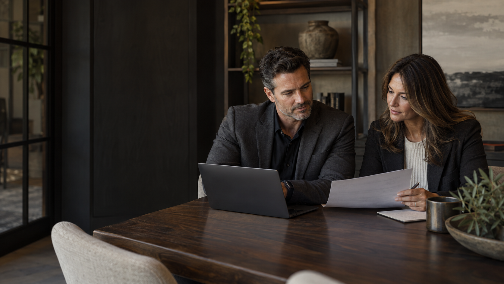 Two real estate professionals discussing documents together at an office table.