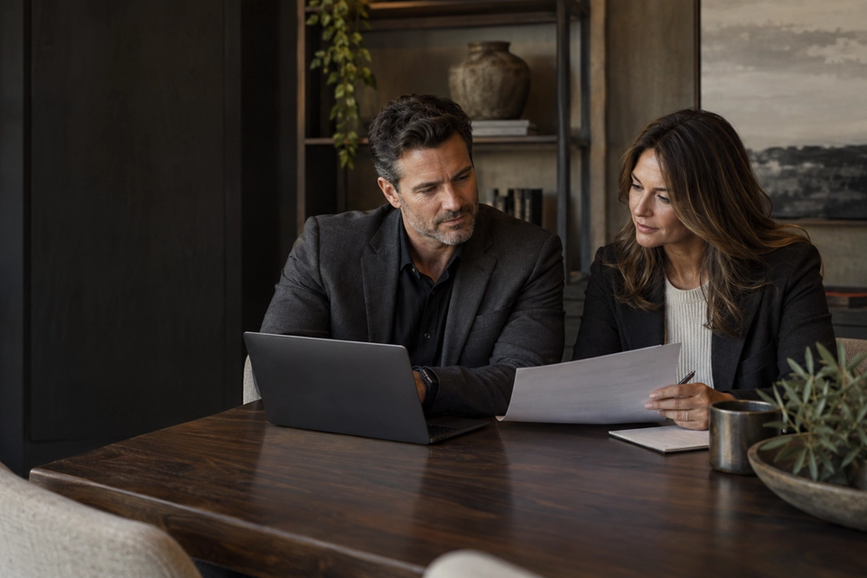 Two real estate professionals discussing documents together at an office table.