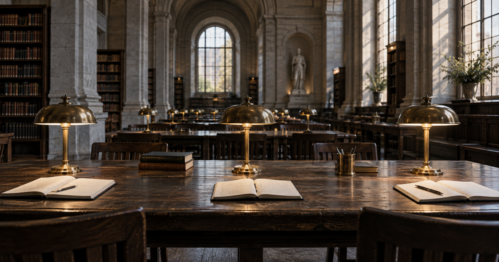 Open notebooks at a shared library table under brass reading lamps.
