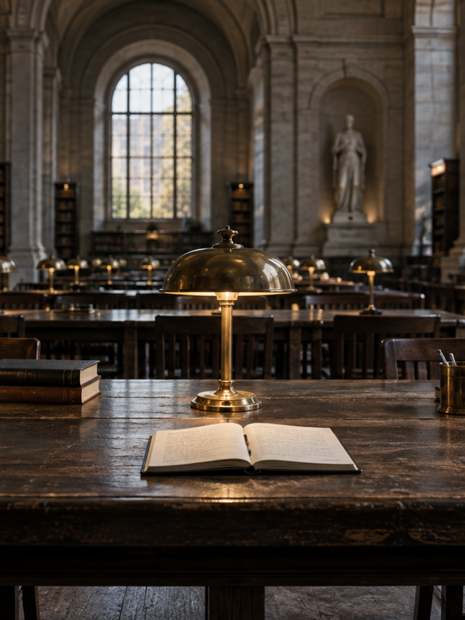 Open notebooks at a shared library table under brass reading lamps.