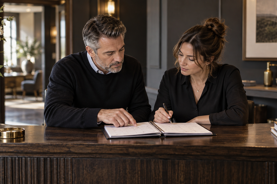 Two colleagues review an appointment planner at a reception desk.