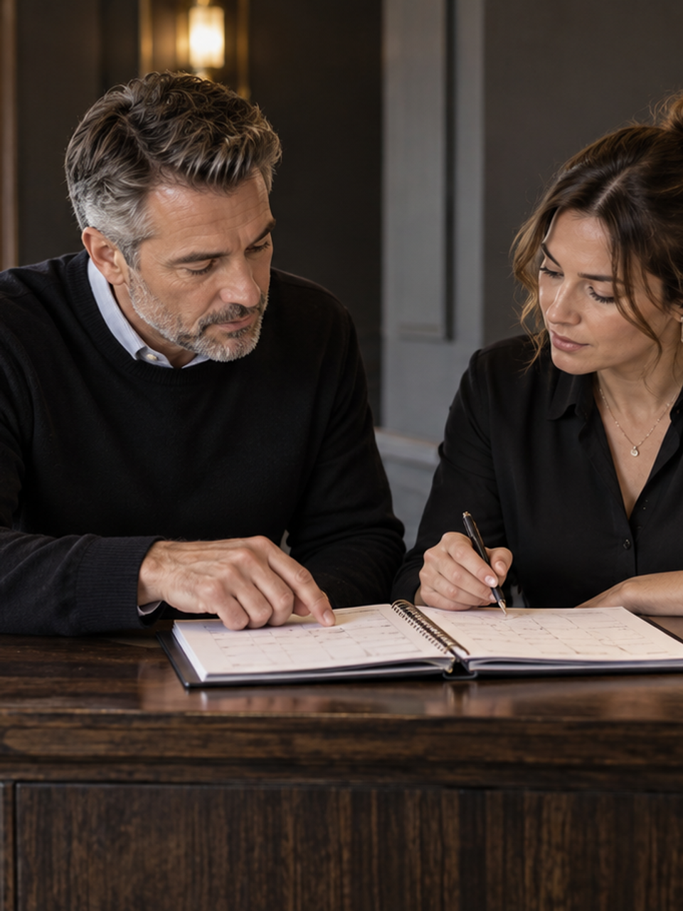 Two colleagues review an appointment planner at a reception desk.