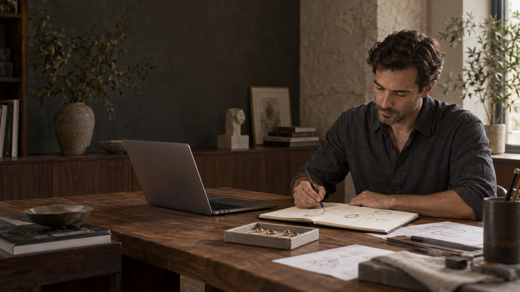A jewelry designer sketching at a walnut desk beside a laptop and a tray of rings.