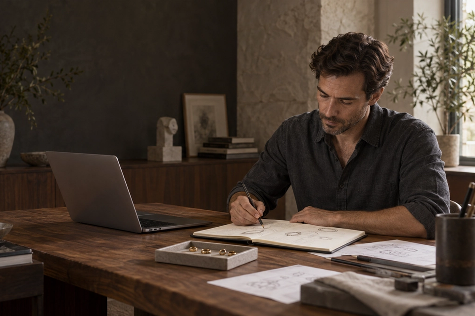 A jewelry designer sketching at a walnut desk beside a laptop and a tray of rings.