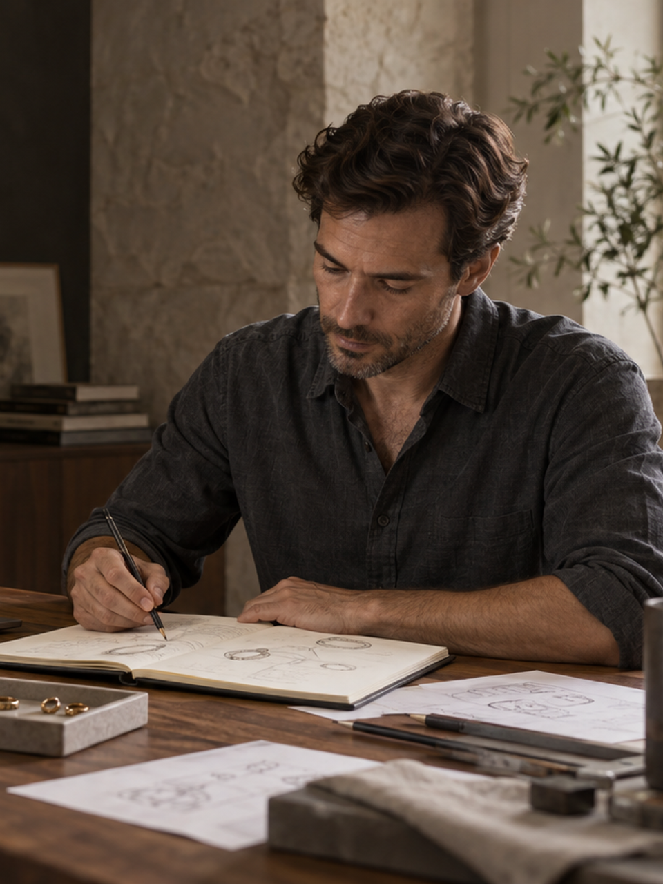A jewelry designer sketching at a walnut desk beside a laptop and a tray of rings.