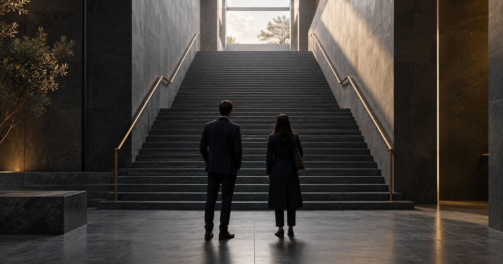 Two professionals pause at the base of a broad stone staircase.