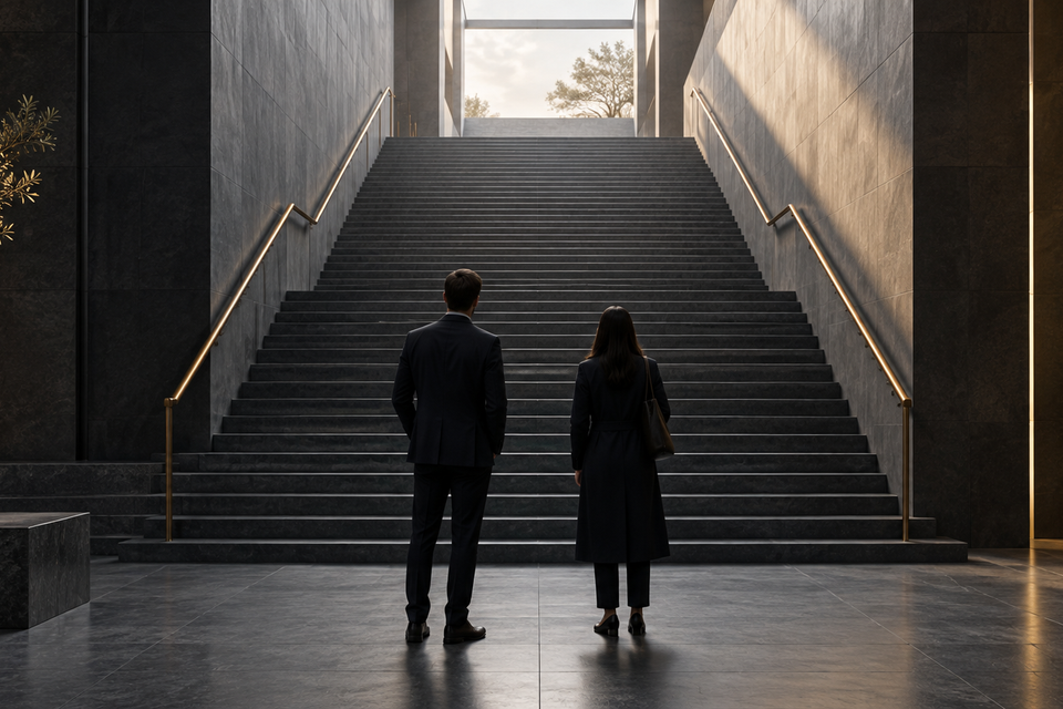 Two professionals pause at the base of a broad stone staircase.