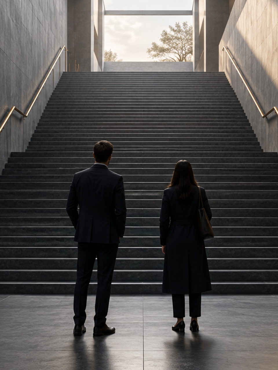 Two professionals pause at the base of a broad stone staircase.