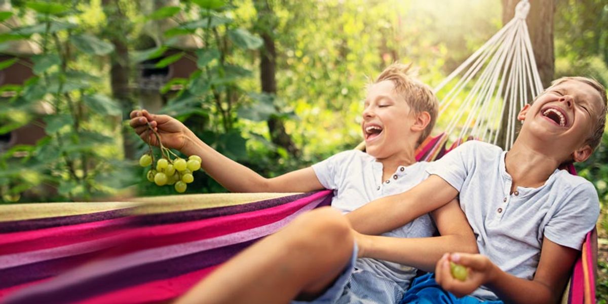 Two boys laugh together while lounging in a colorful hammock, holding bunches of grapes on a sunny day.