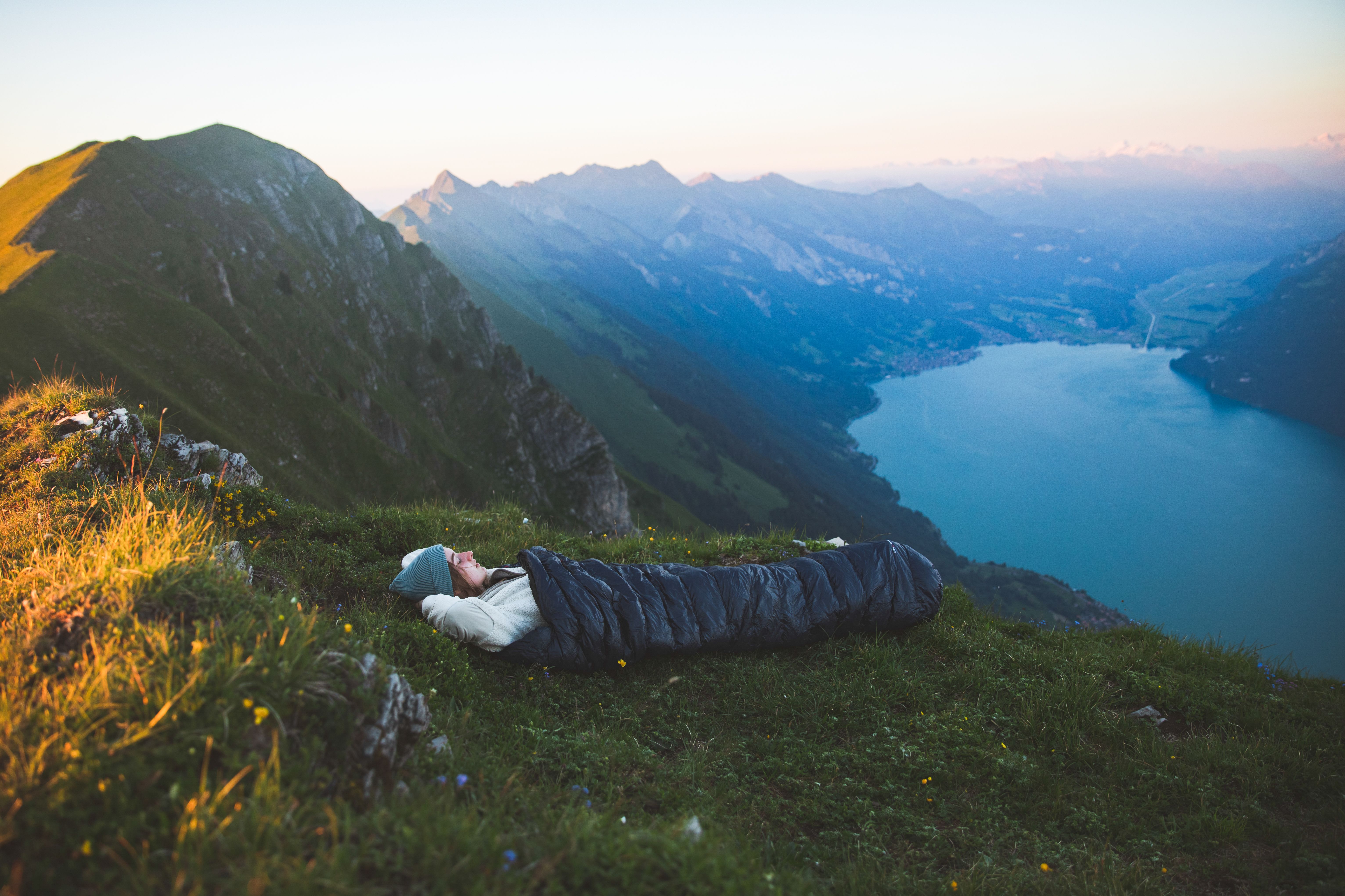 Sleeping in a sleeping bag on a mountain