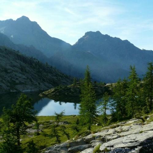 A photograph of a natural landscape showing mountains, pine trees and a lake. Taken by Jane Nizi.