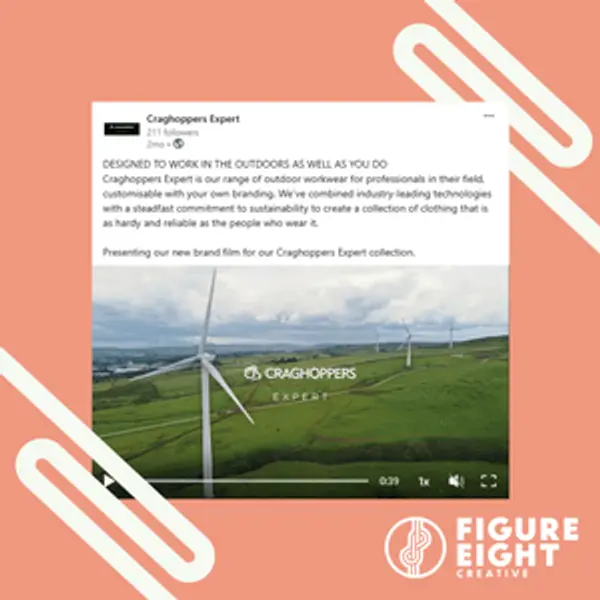 screenshot mockup of Craghoppers Expert social media post with video and text promoting their range of outdoor clothing for professionals