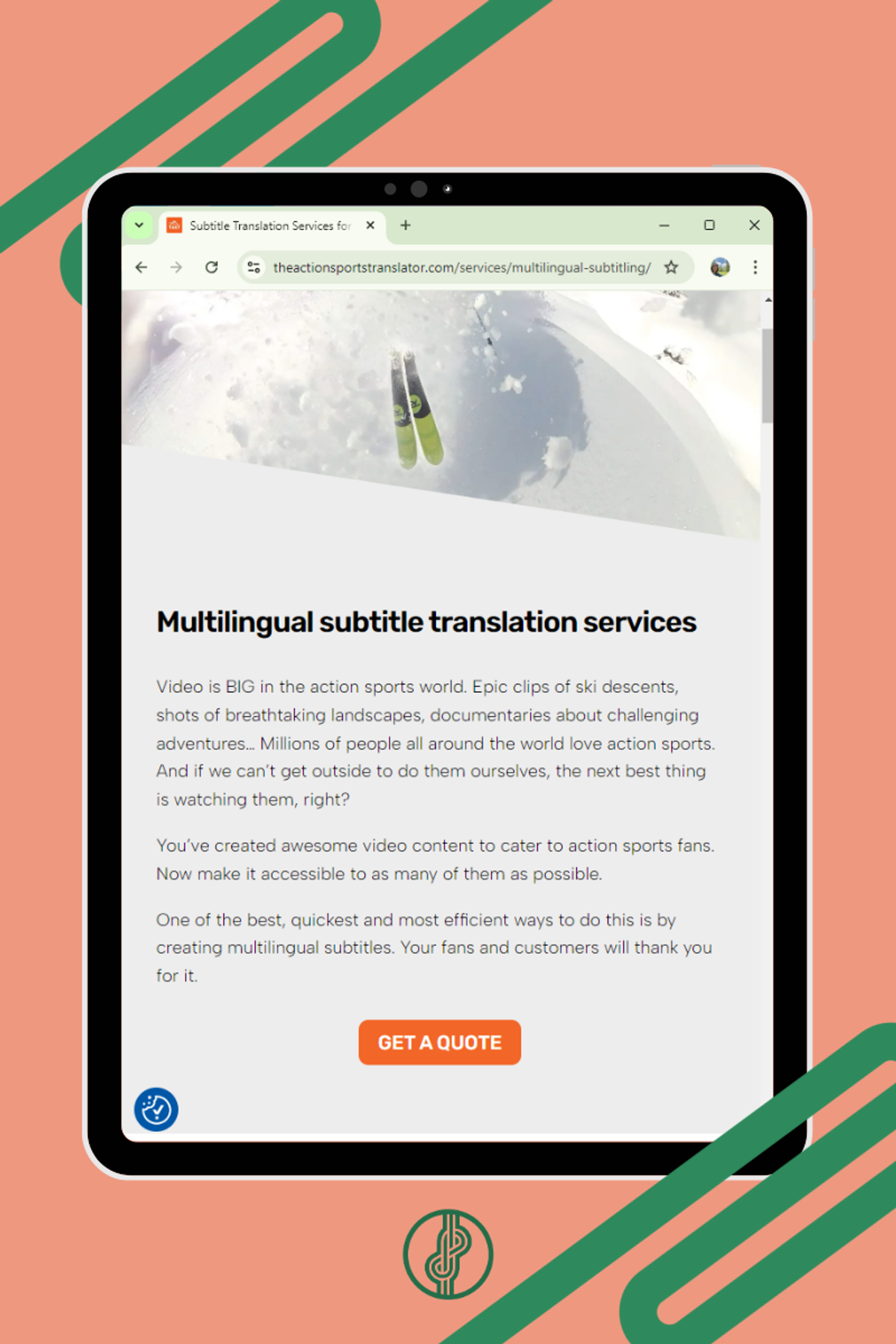 Tablet mockup with screenshot of TAST's Multilingual subtitle translation service page