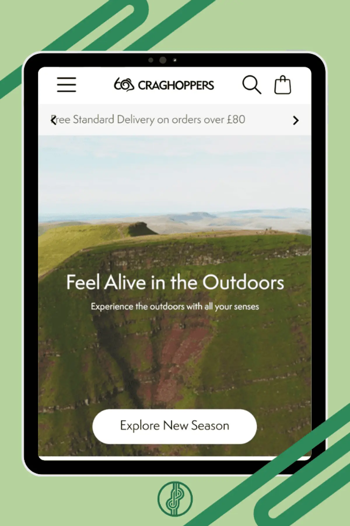 screenshot mockup of web homepage hero banner page with copy saying 'Feel Alive in the Outdoors/ Experience the outdoors with all your senses' written by Figure Eight Creative.twear