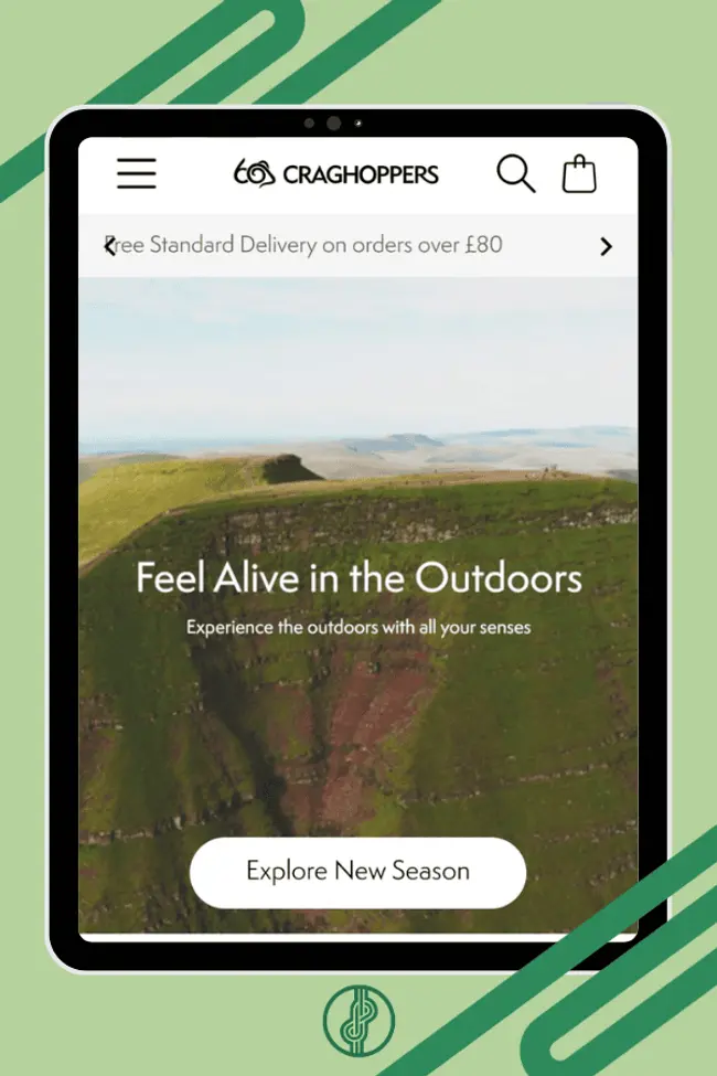 A tablet mock up showing web homepage banner with copy written for Craghoppers by Figure Eight Creative.