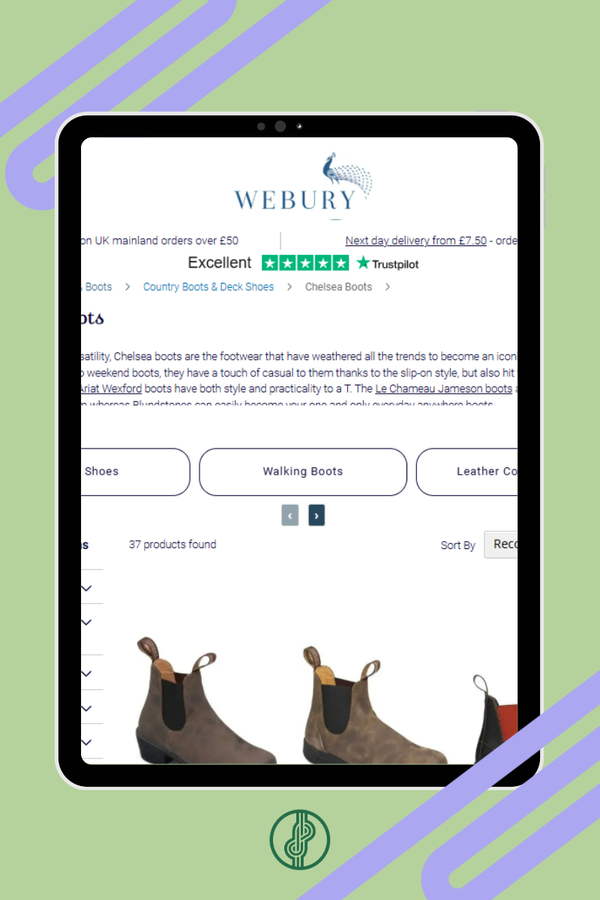 screenshot mockup of Webury Chelsea boot ecommerce category page