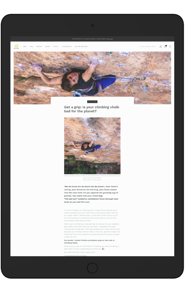 A tablet mock up showing a blog post for 3rd ROCK about climbing written by Figure Eight Creative's Jane Nizi