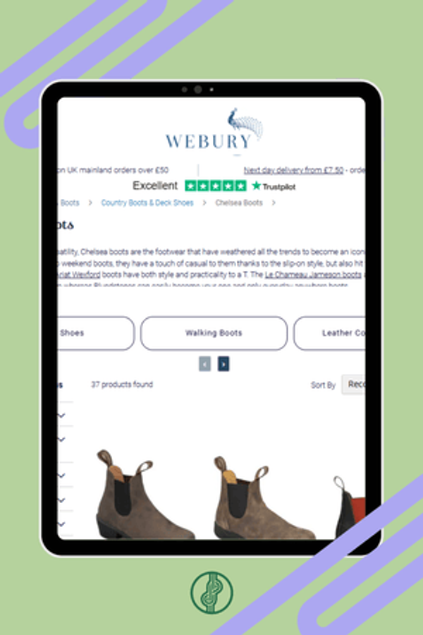 screenshot mockup of Webury Chelsea boot ecommerce category page