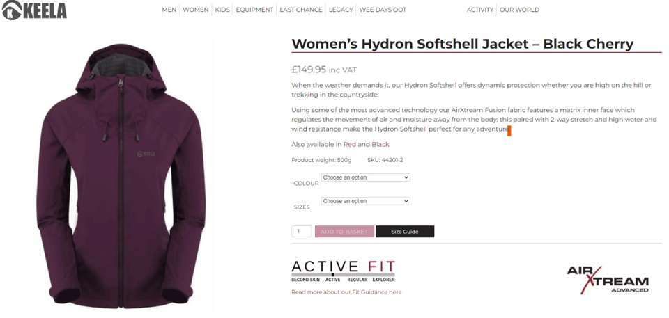 A screenshot of a product page from the Keela website showing a Women's hydron softshell jacket