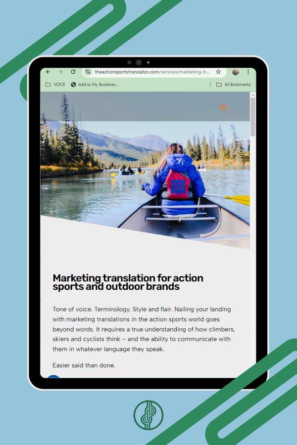 Tablet mockup with screenshot of TAST's Marketing Translations service page