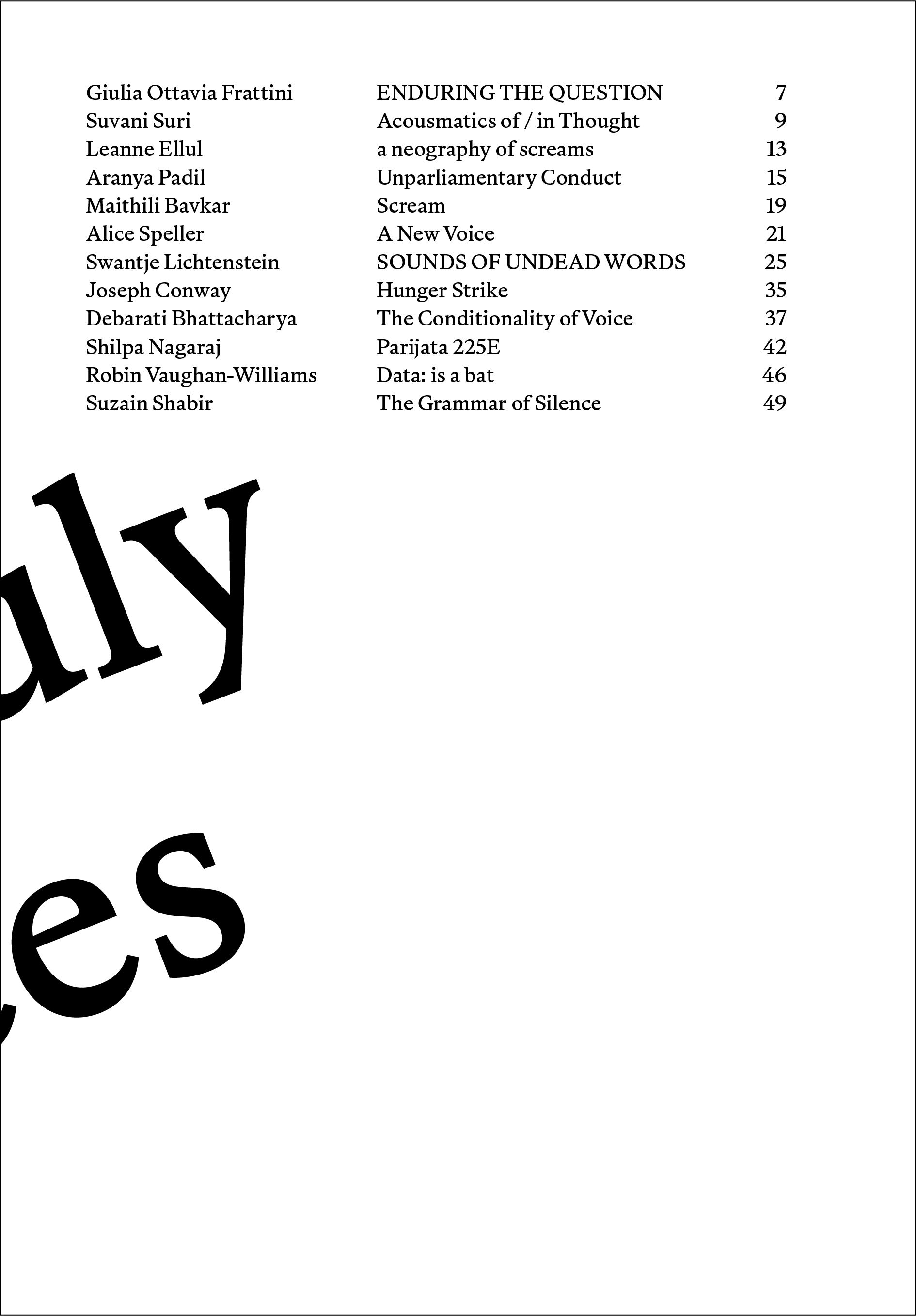 DEARS issue no. 7 Unruly Voices back cover with table of contents