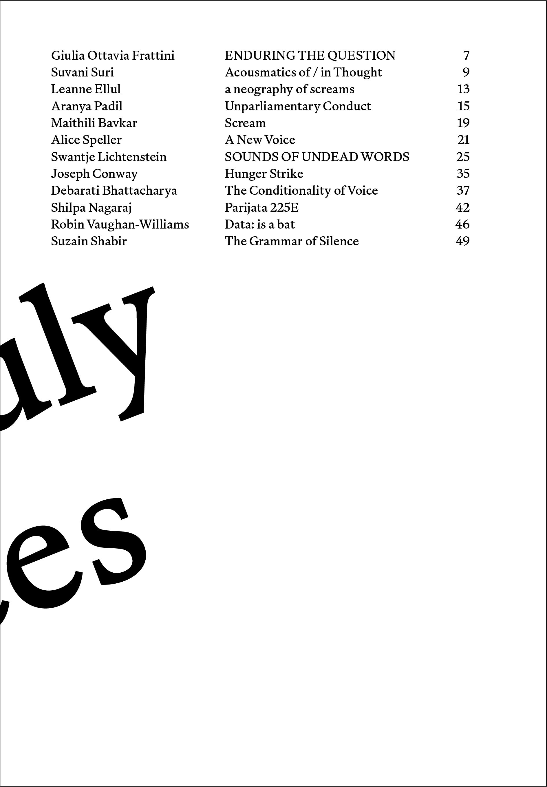 DEARS issue no. 7 Unruly Voices back cover with table of contents