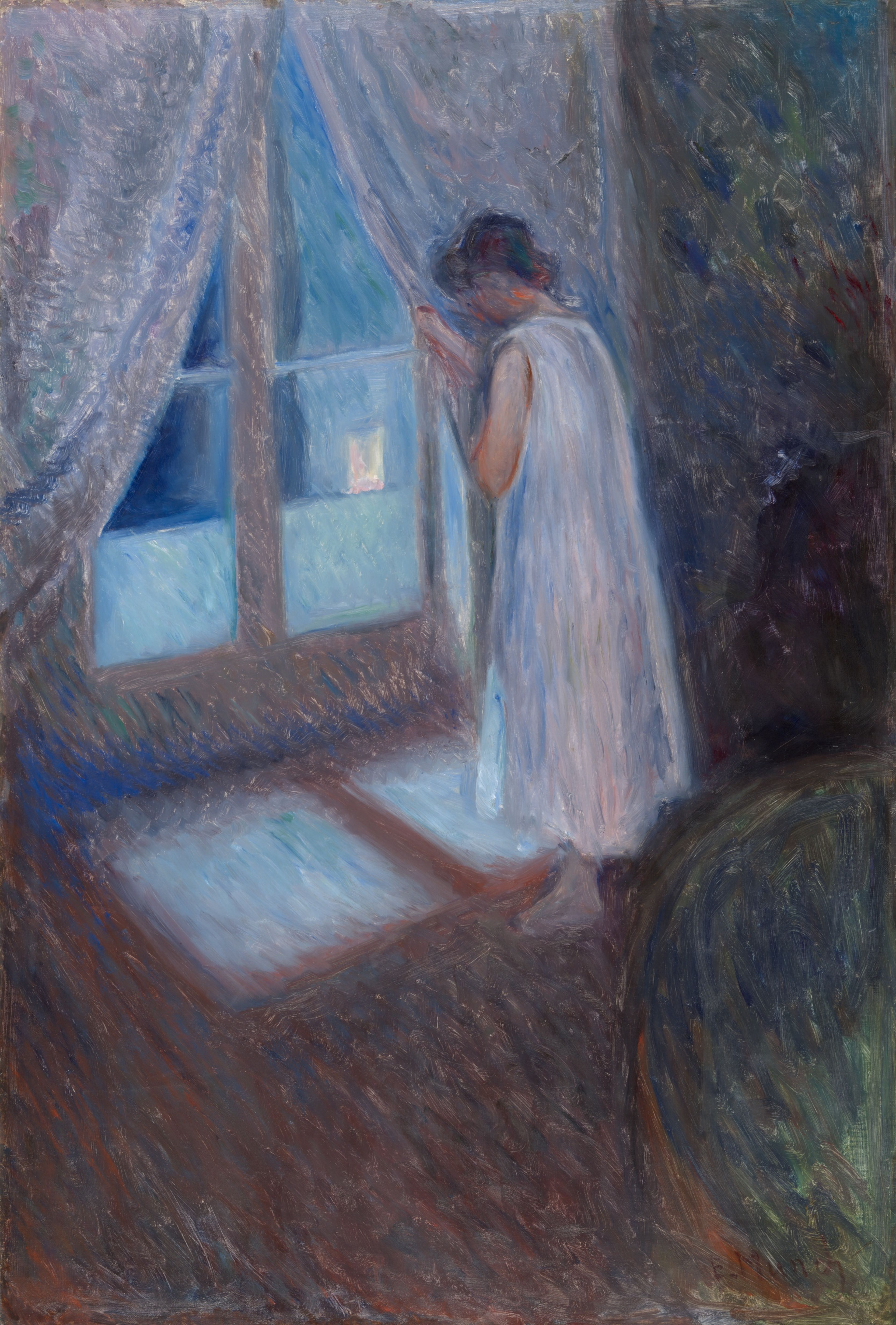 Loosely painted scene of a brown-haired girl in her nightgown standing in a dark room, gazing out a window into a brighter night, her face unseen and her hand drawing back the pale curtain. Light blues and pink whites dominate the girl and the window