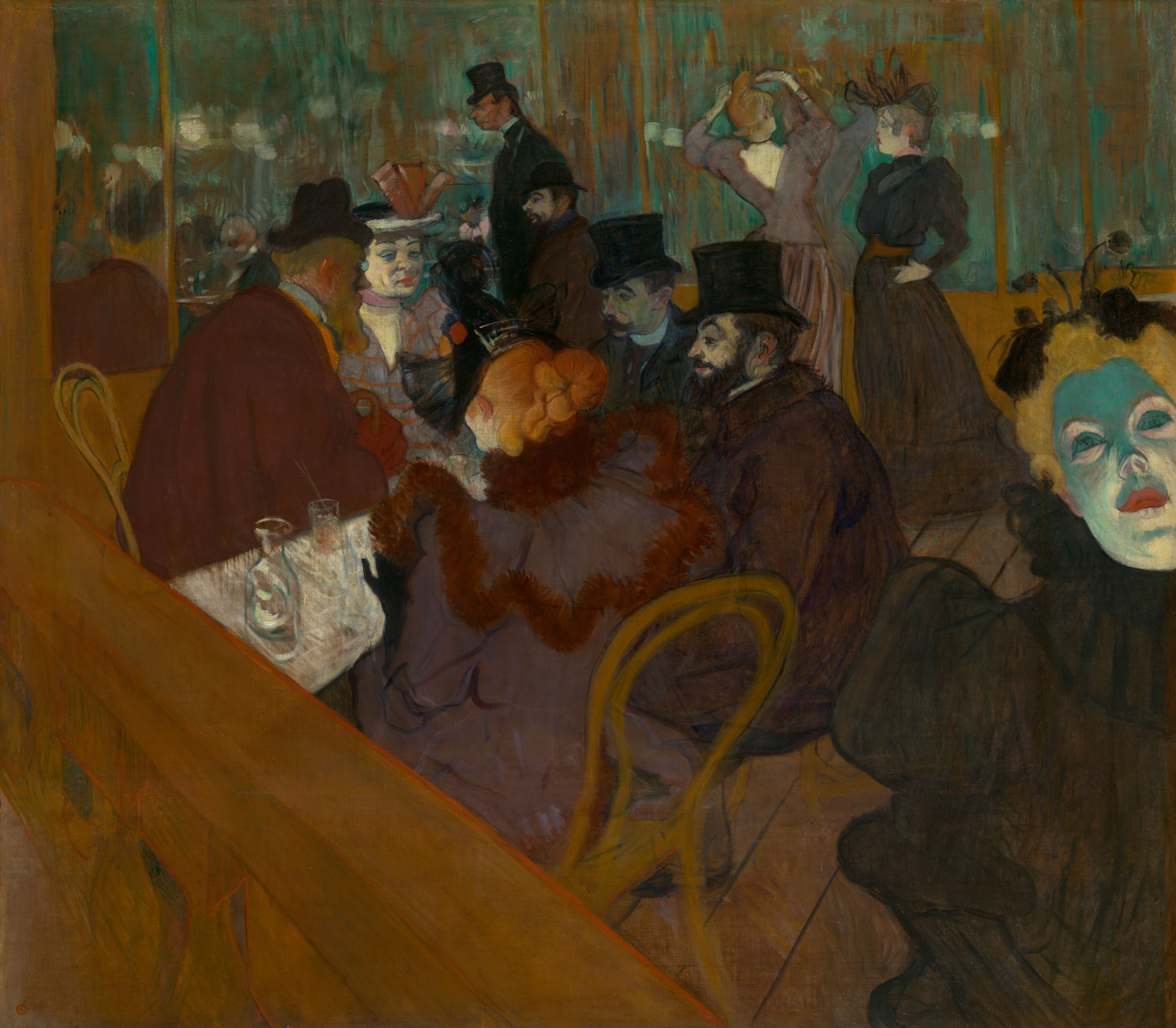 Painting, heavy in tones of blue-green and burnt orange, depicting a bar scene at night. The men wear top hats and many are bearded; the women are dressed in voluminous gowns and decorative hats. Five people converse in the center of the composition 