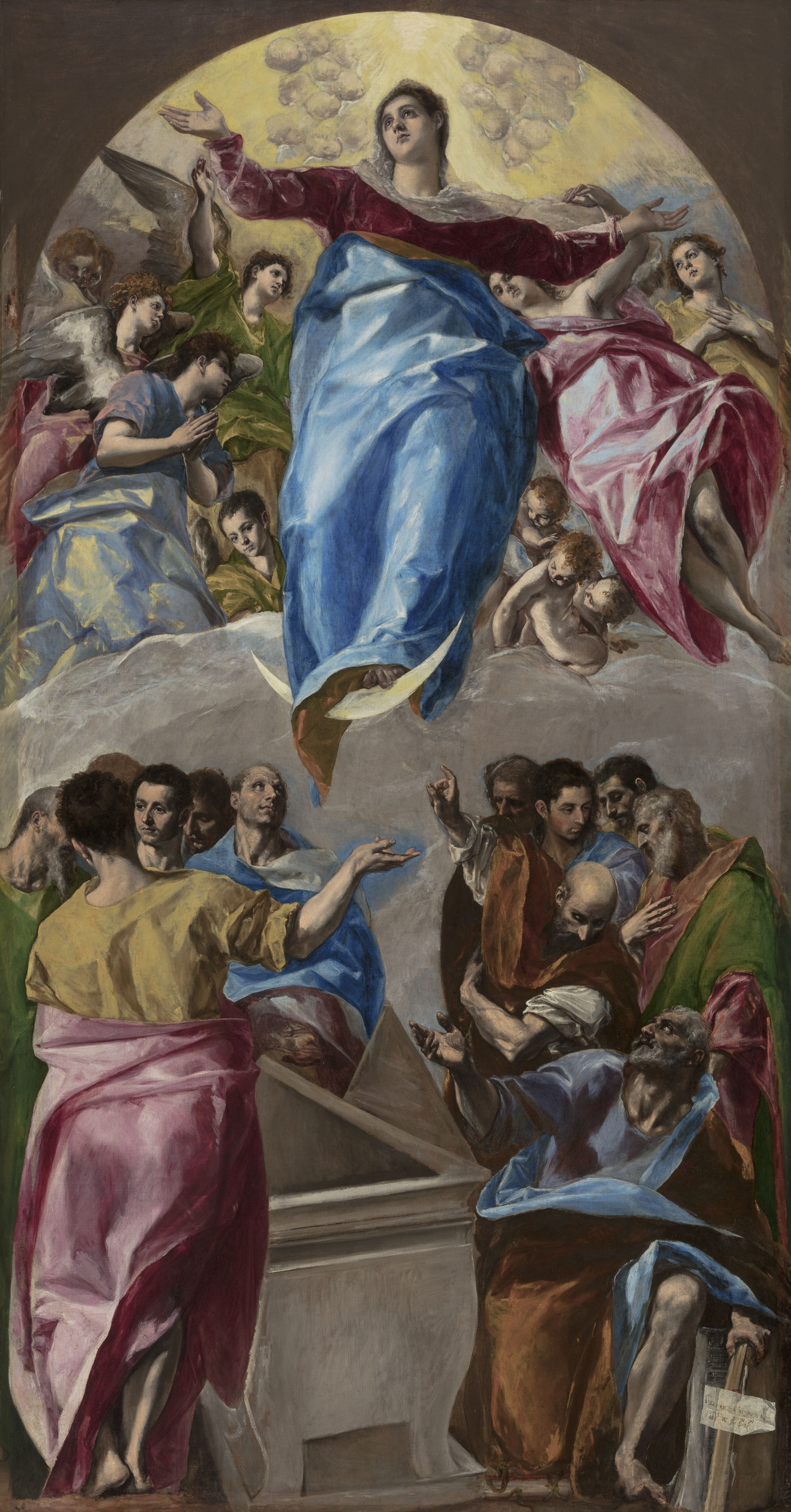 Painting of the Virgin Mary ascending to heaven amongst multitude of angels.