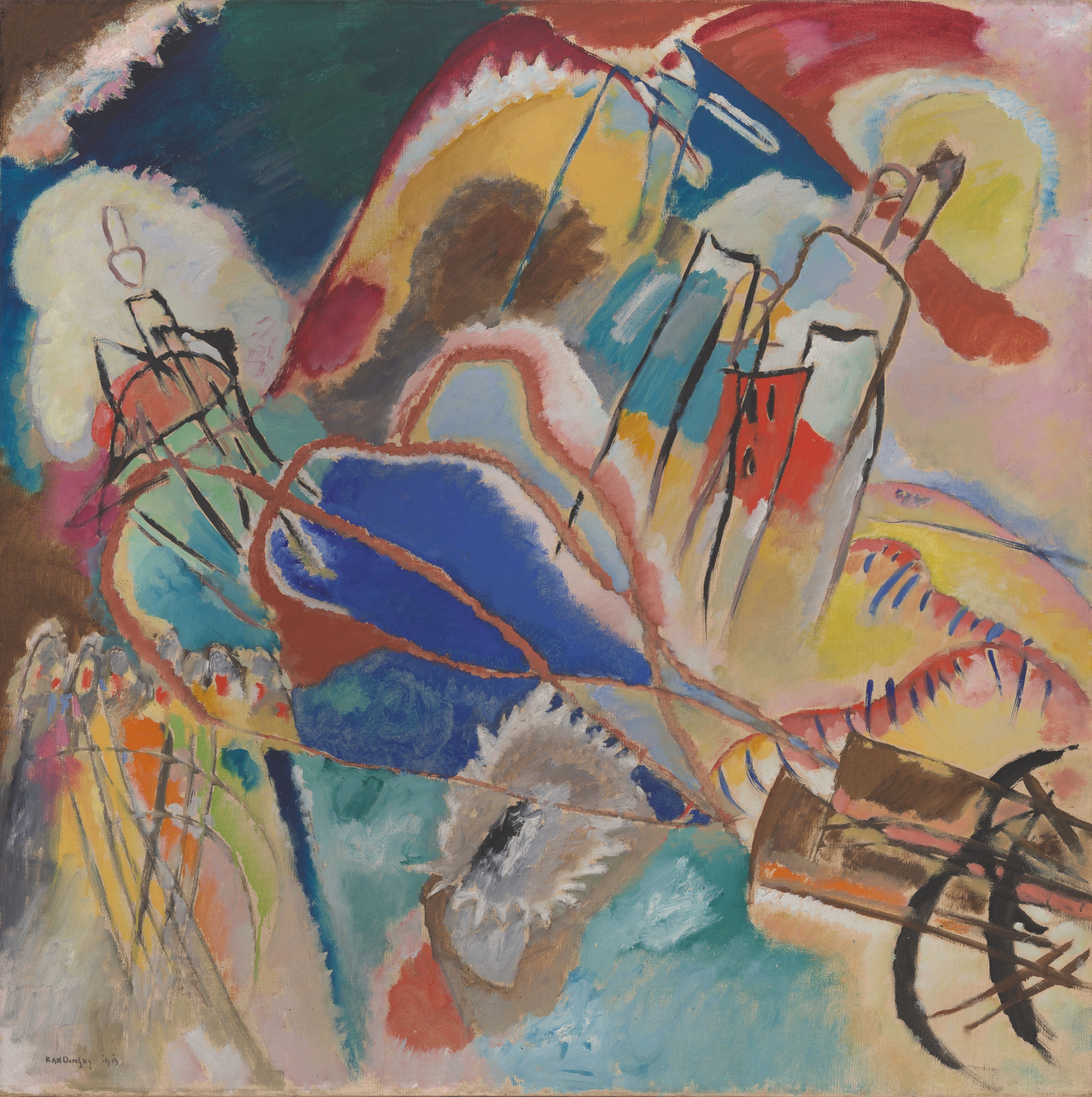 Abstract painting in various bright colors—yellow, blue, red, green, orange, pink—with lines indicating building-like structures as well as canons in the lower right corner.