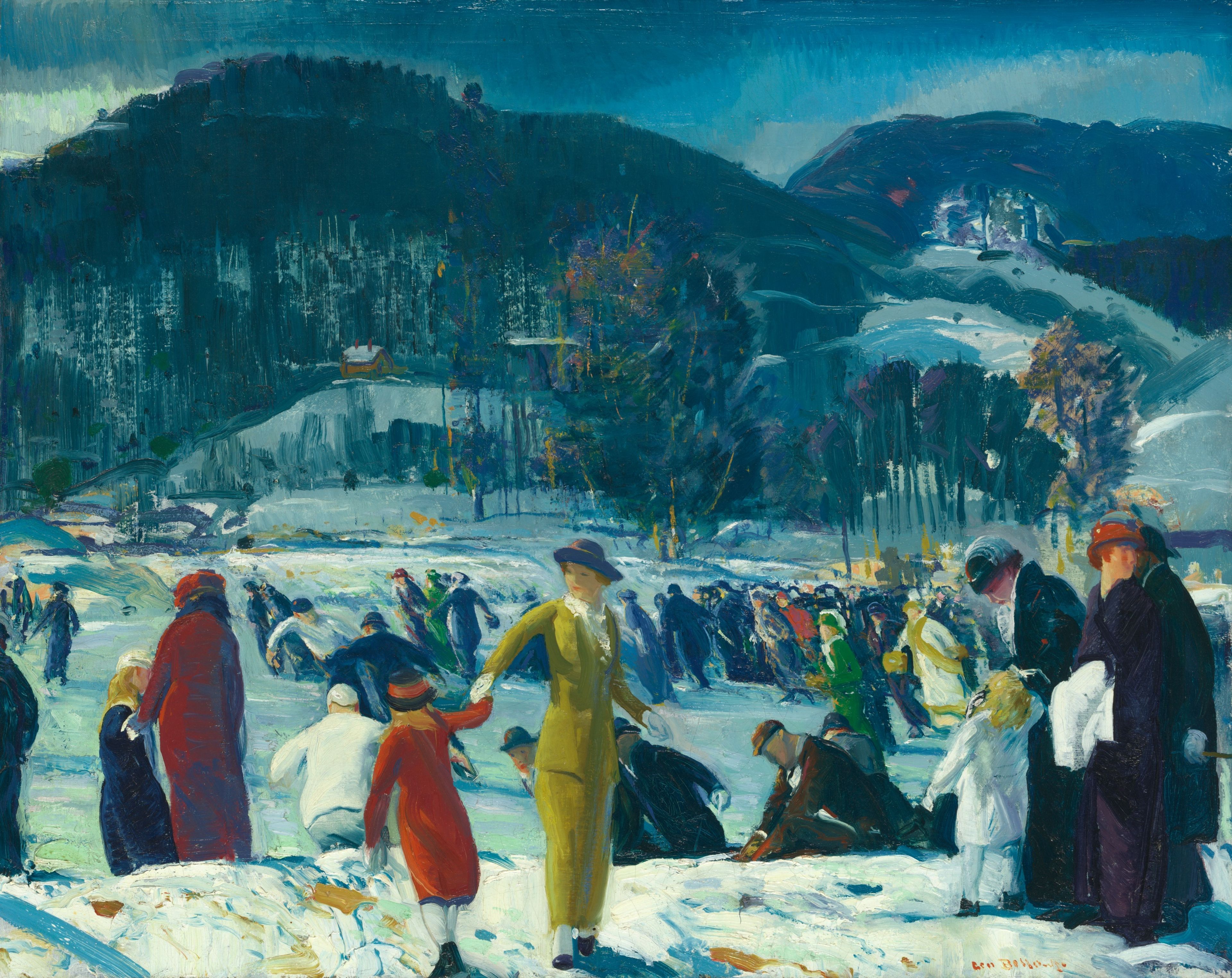 Painting of a crowd of well-dressed light-skinned people in an open, snowy field surrounded by large rolling hills. At center a woman in a bright-yellow coat and skirt holds the hand of a child in red, who pulls to turn her toward the others.