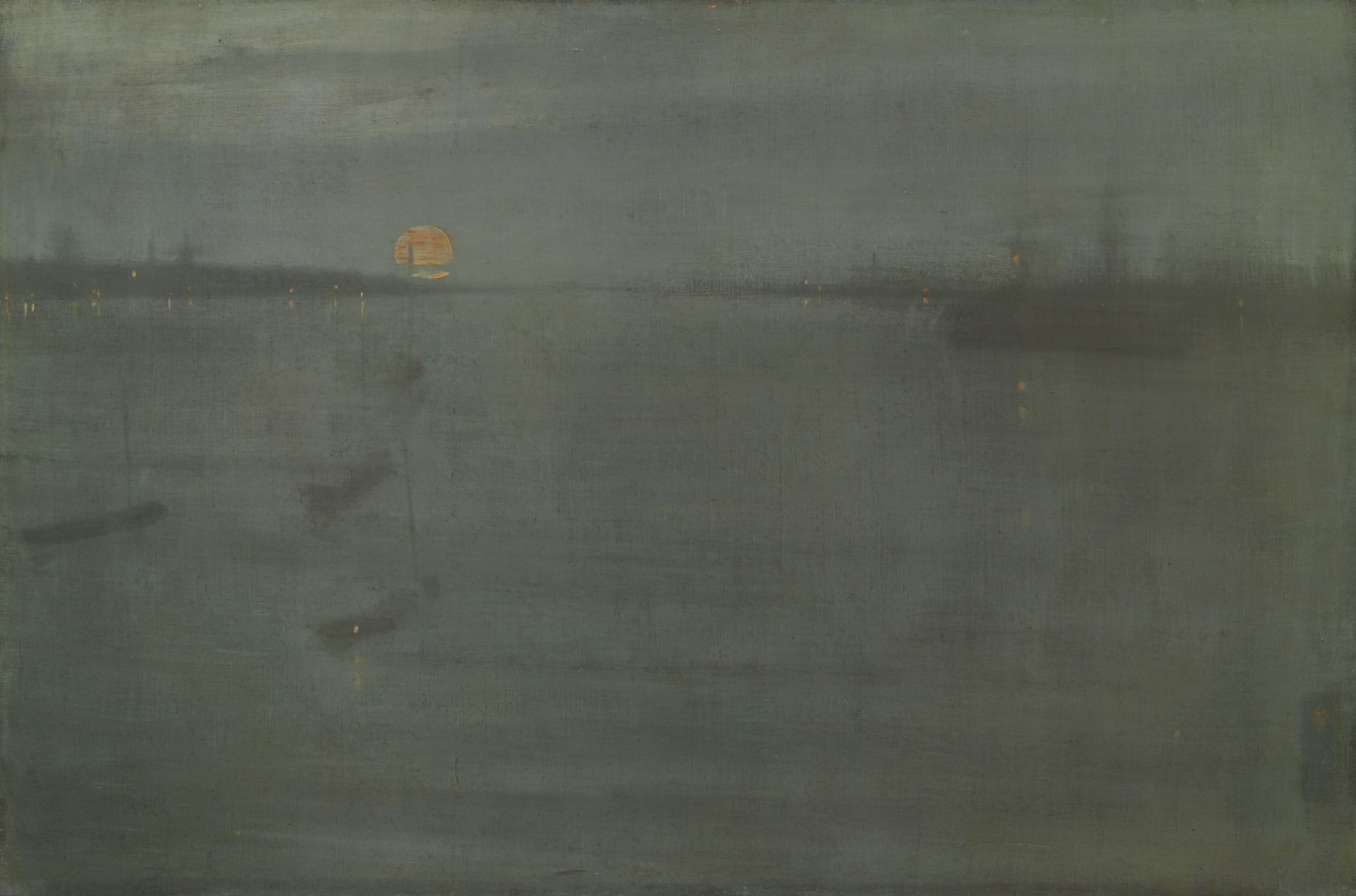 A sparsely painted waterside scene in dark tones with minimal ghostly shapes suggesting ships, yellow glitches of paint for light reflections, and the orb of an orange moon overhead.